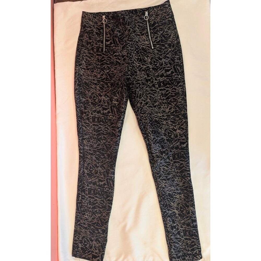 Women's Slimming Options High Rise Zipper Detail Pants Small Gray Abstract Print